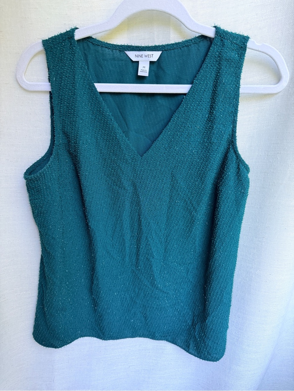 Nine West Green Sparkle Textured V Neck Sleeveless Blouse Top Size M